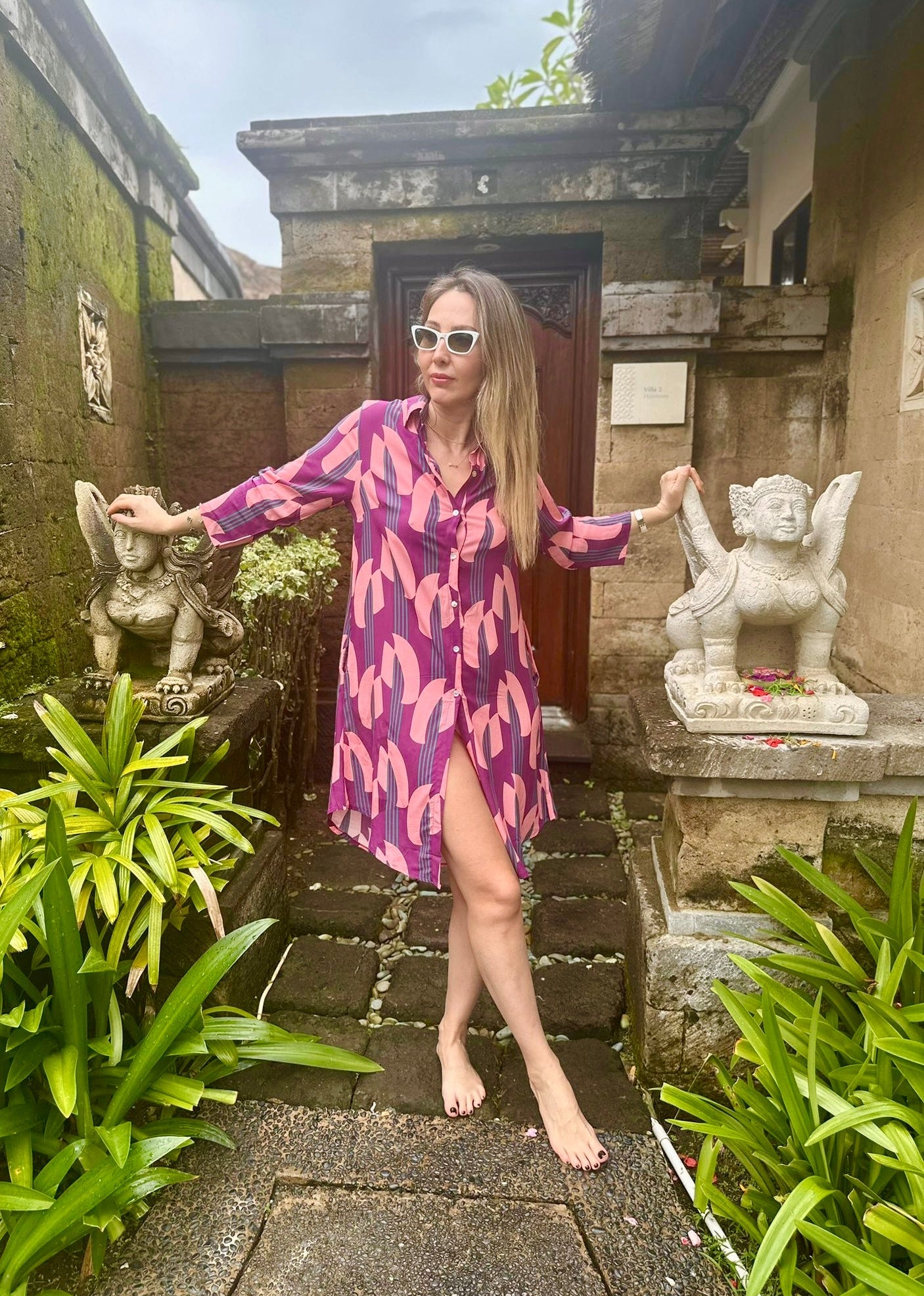 Amalfi Cotton Shirt Dress Purple-Pink Leafs  Nature Me