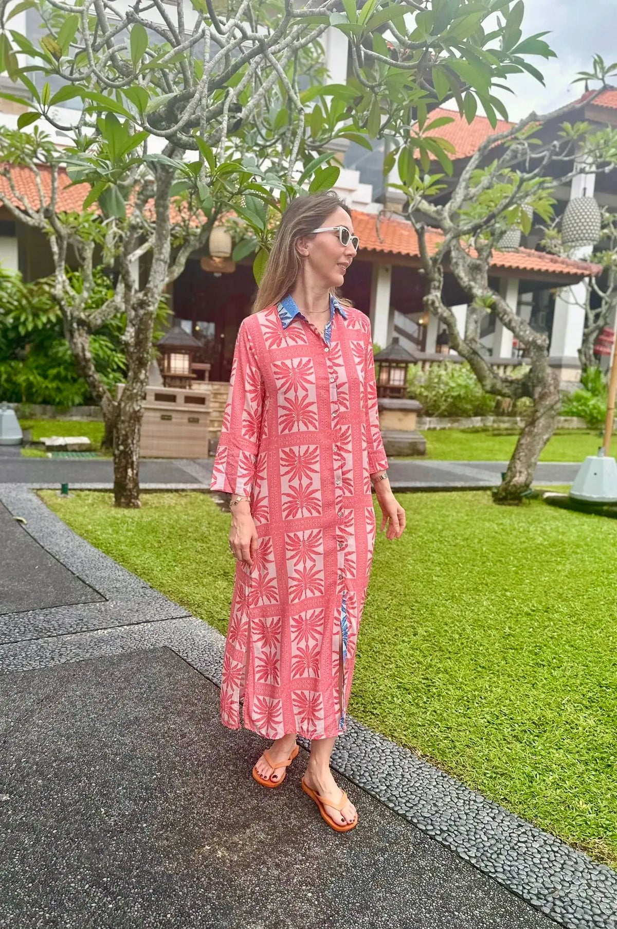 Amalfi Cotton Shirt Dress Maxi Pink Red Palm Tree Etico