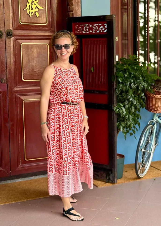 Avsa Red and White, cotton silk; everyday dress; beach dress; holiday dress; resort dress; maxi dress; comfortable dress; comfiy dress; bohem dress;