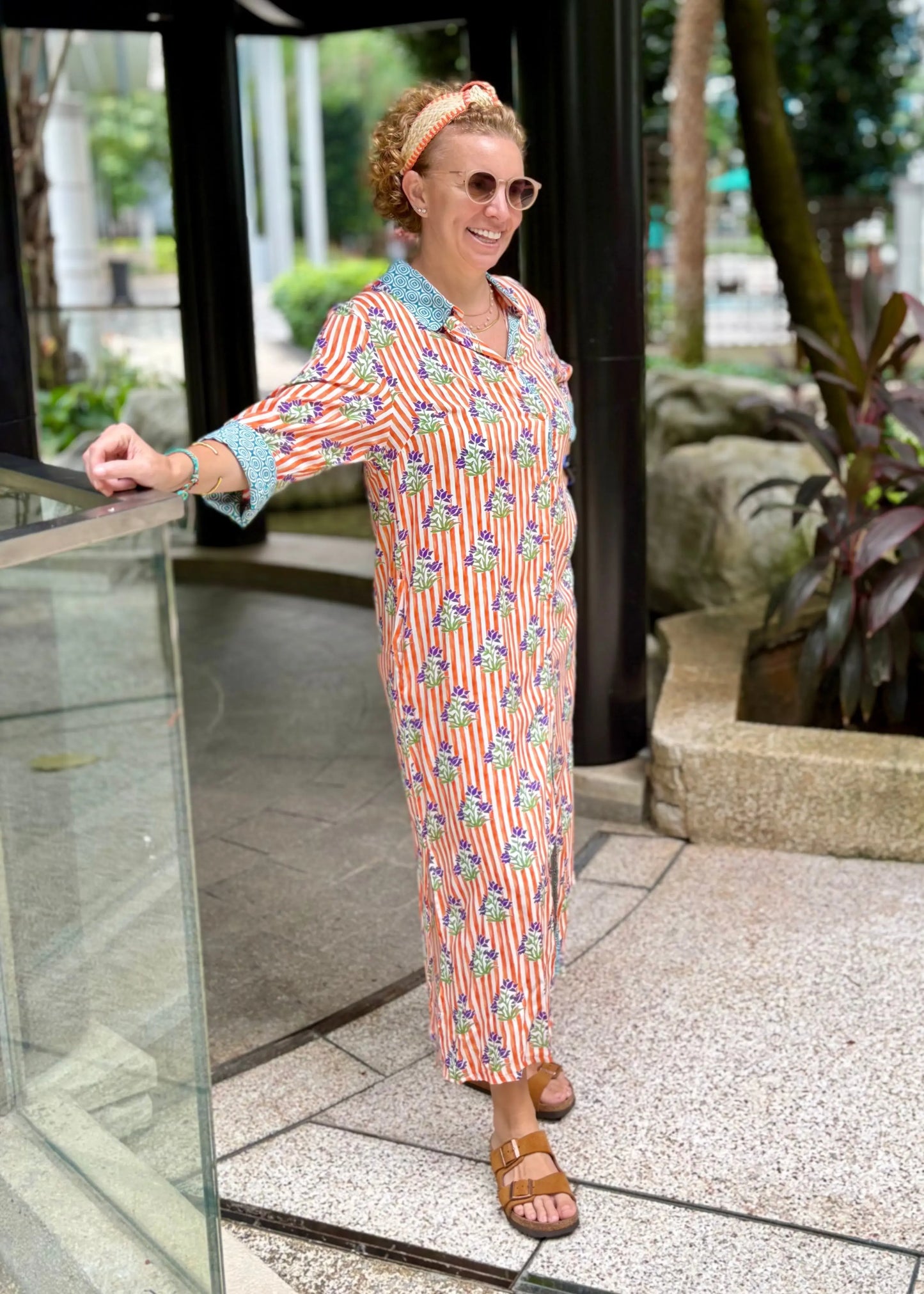 Amalfi Cotton Shirt Dress Maxi Orange Purple, shirt dress; cotton shirt dress; cotton silk; everyday dress; beach dress; holiday dress; resort dress; maxi dress; comfortable dress; comfiy dress; bohem dress;