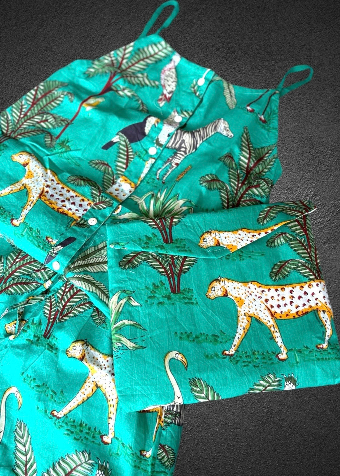 Cotton Block print Pj set Short Frilled ; Green Jungle