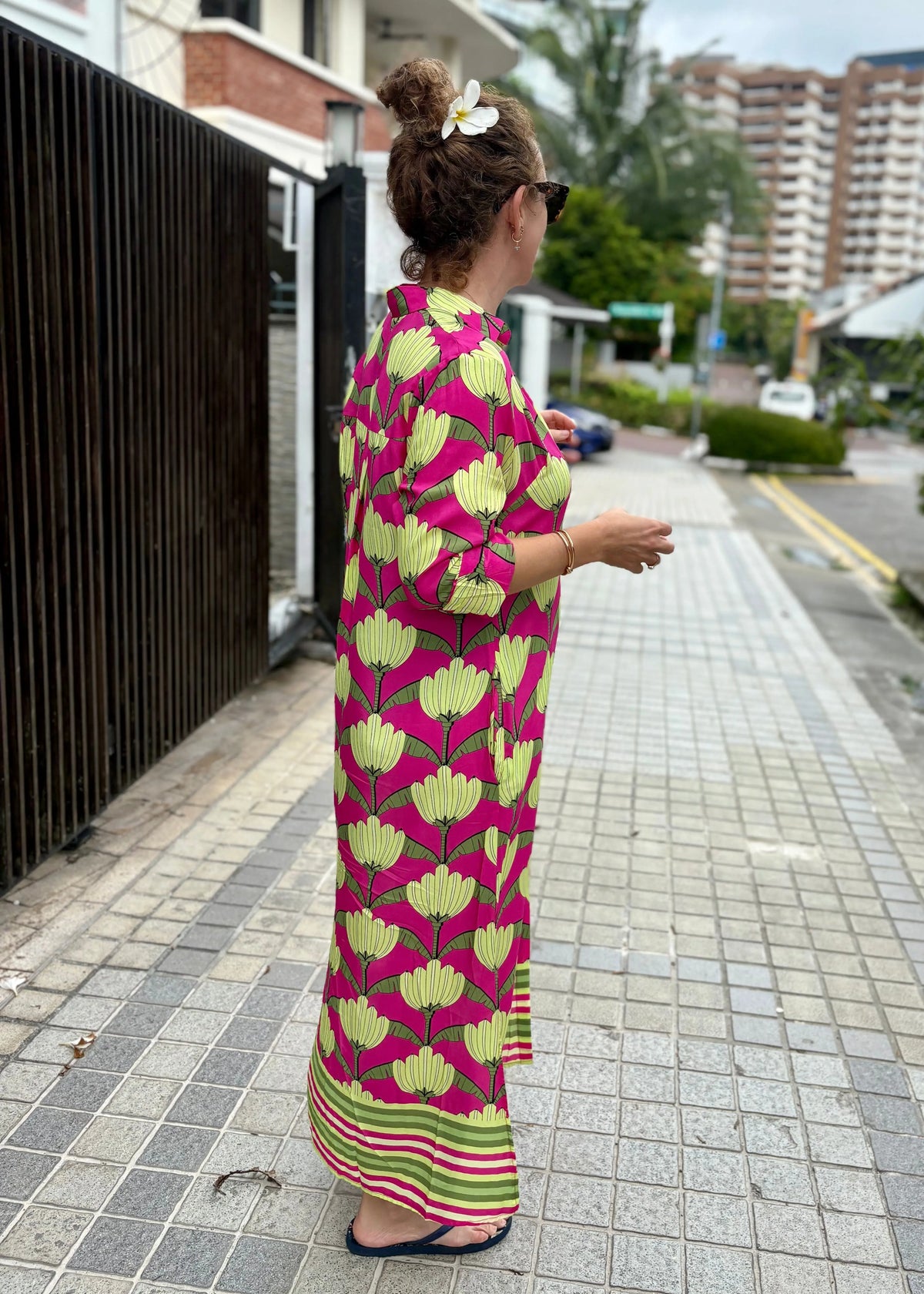 Amalfi Cotton Shirt Dress Maxi Pink Yellow Lotus, shirt dress ; maxi shirt dress; maxi cotton shirt Dress ; casual Dress; summer dress; nature Me dress