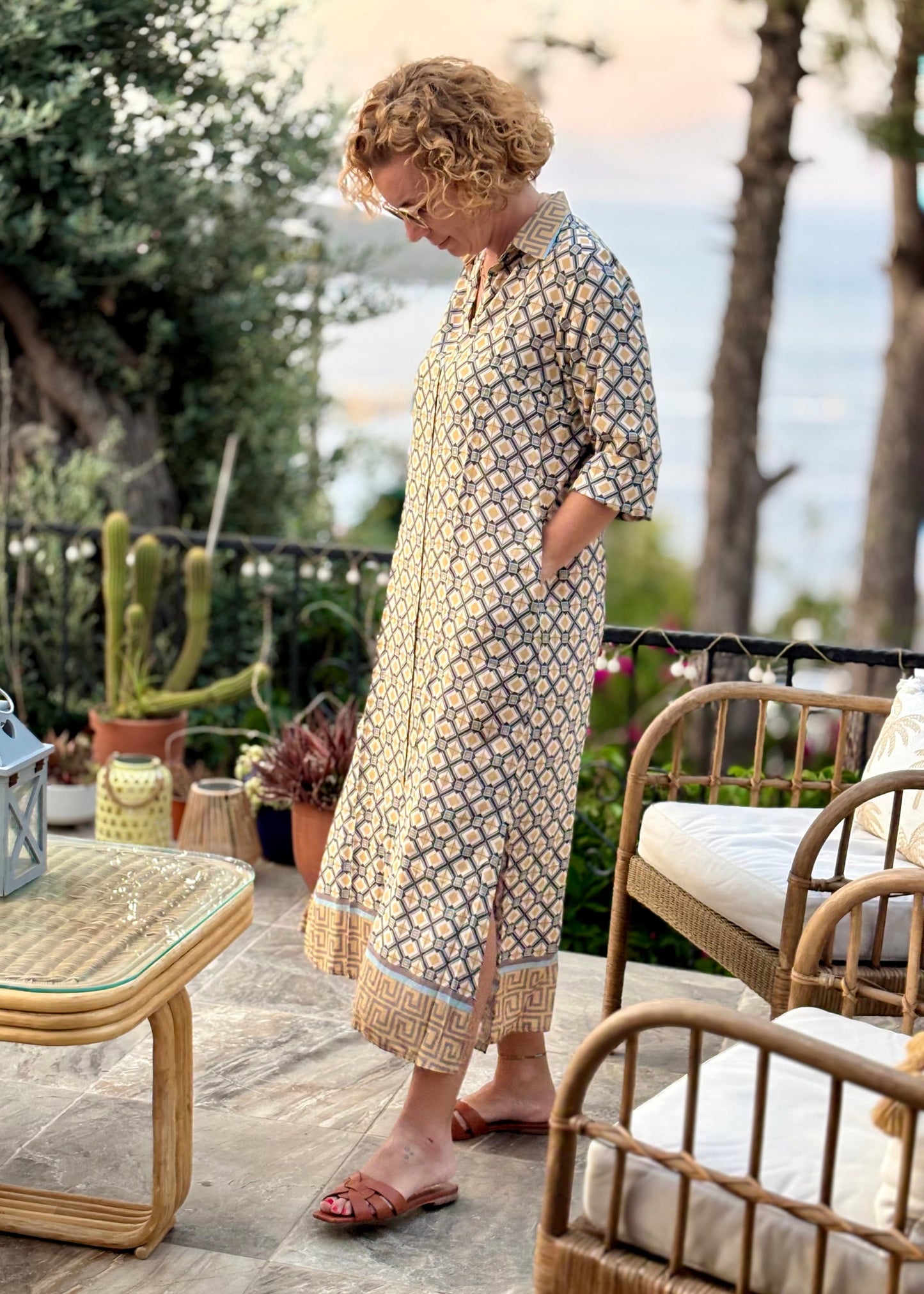 Amalfi Cotton Shirt Dress Maxi Tiles Sand ; maxi dress; cotton maxi dress; cotton silk; everyday dress; beach dress; holiday dress; resort dress; dress; comfortable dress; comfiy dress; bohem dress;