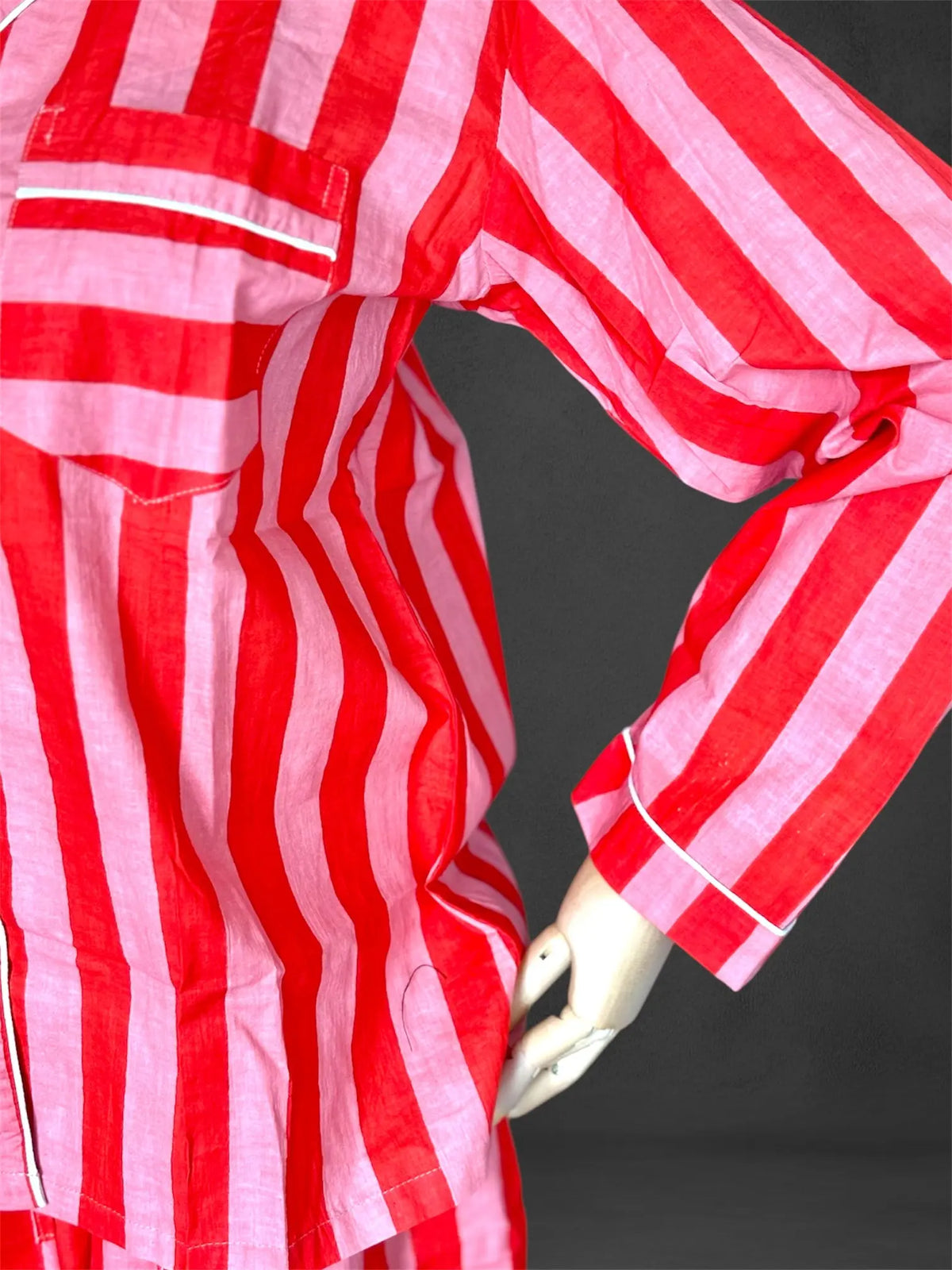 Cotton Block print Pyjamas Pink and Red Stripy Medium, cotton night suit ; cotton pyjamas ; blockprint pyjamas ; sustainable fashion ; natural clothing