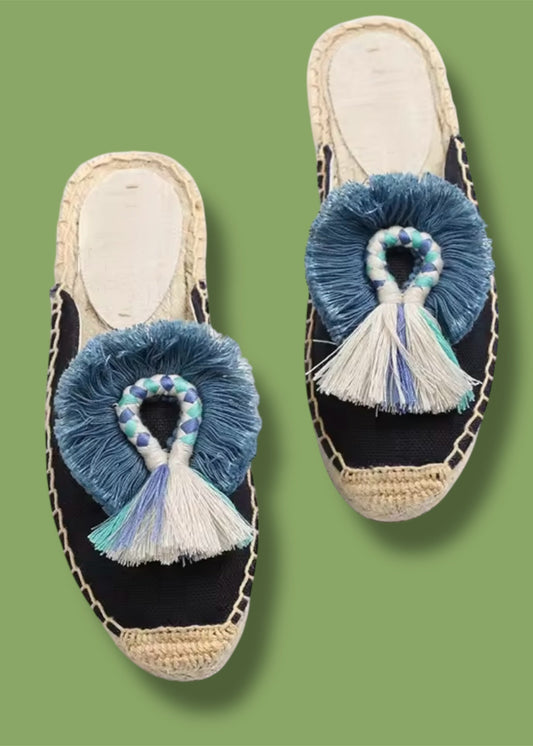 tassel espadrills ; boho espadrills; boho slippers ; slippers; comfortable slippers; beach style ; resort fashion; resort style