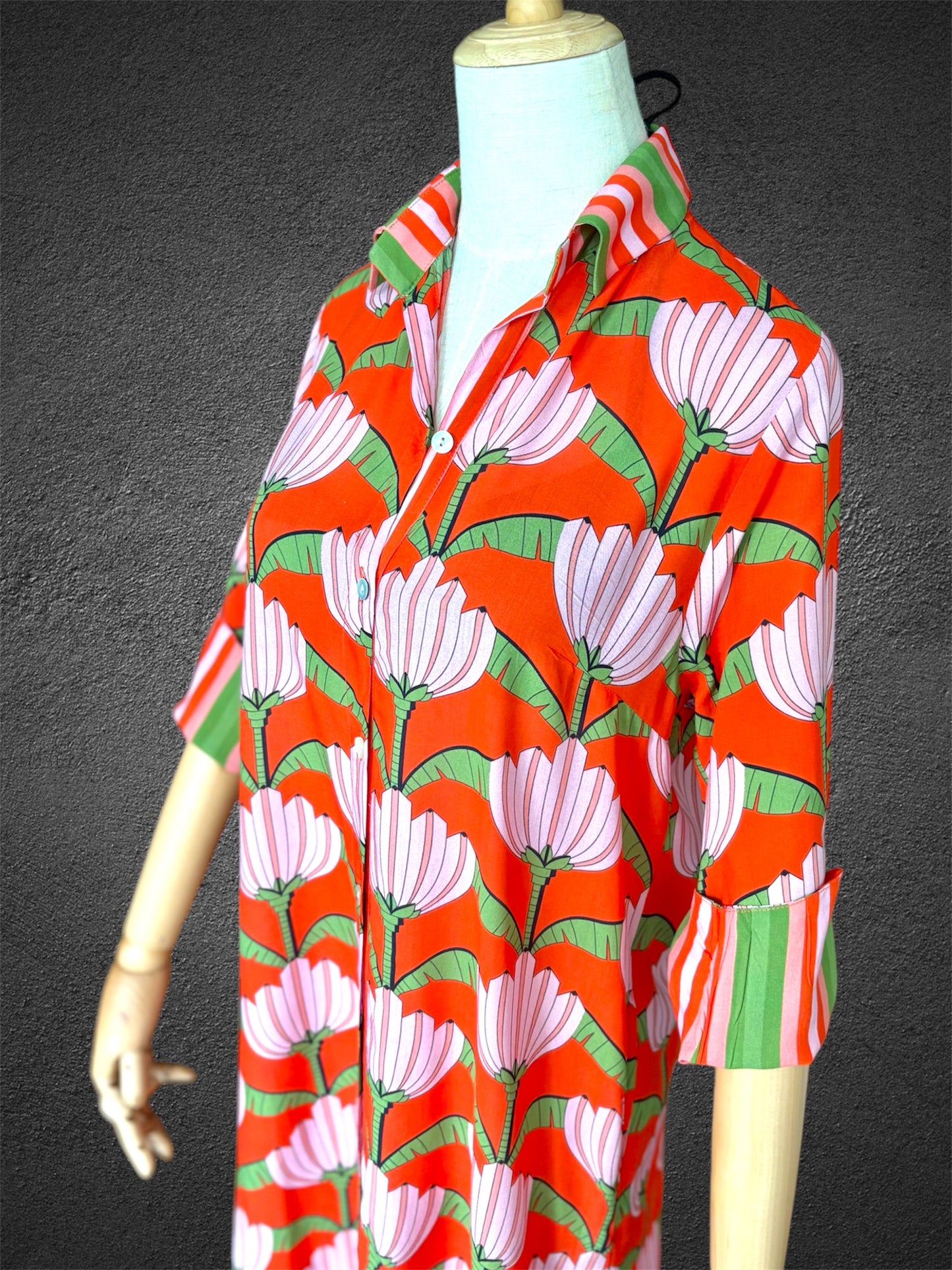*Amalfi Cotton Shirt Dress Maxi Red Green Lotus