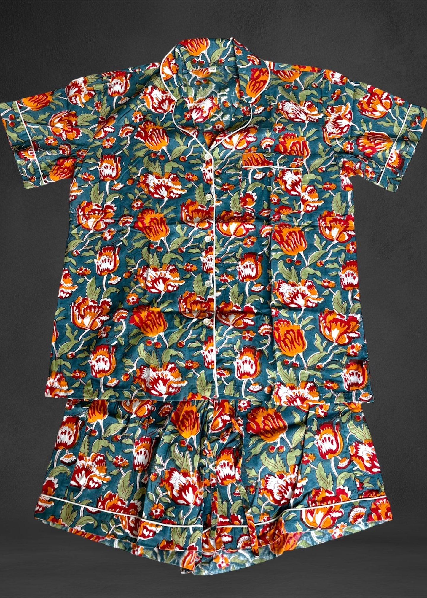 Cotton Block print Pyjamas Short ; Blue Orange Floral
