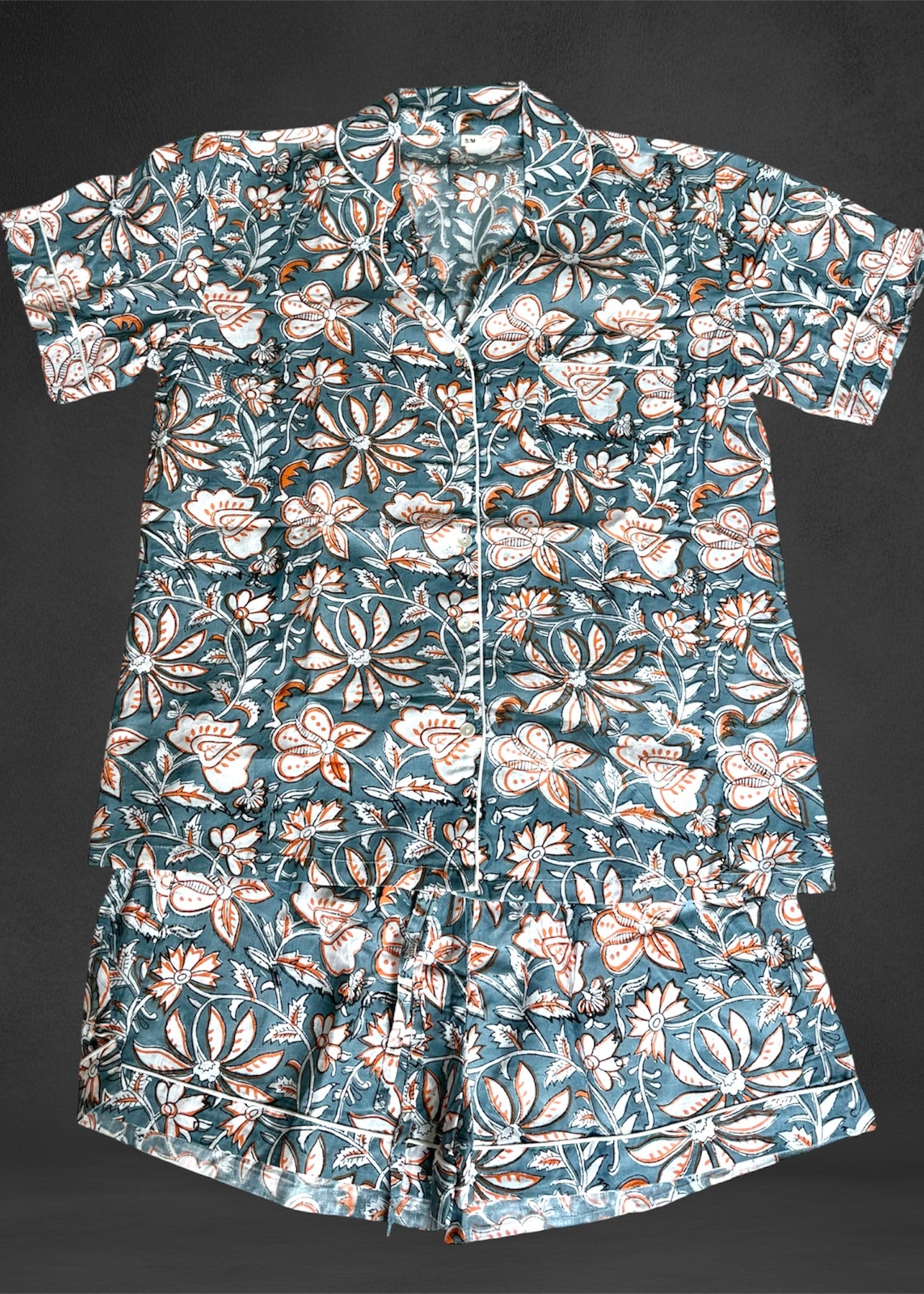 Cotton Block print Pyjamas Short ; Grey Orange Floral