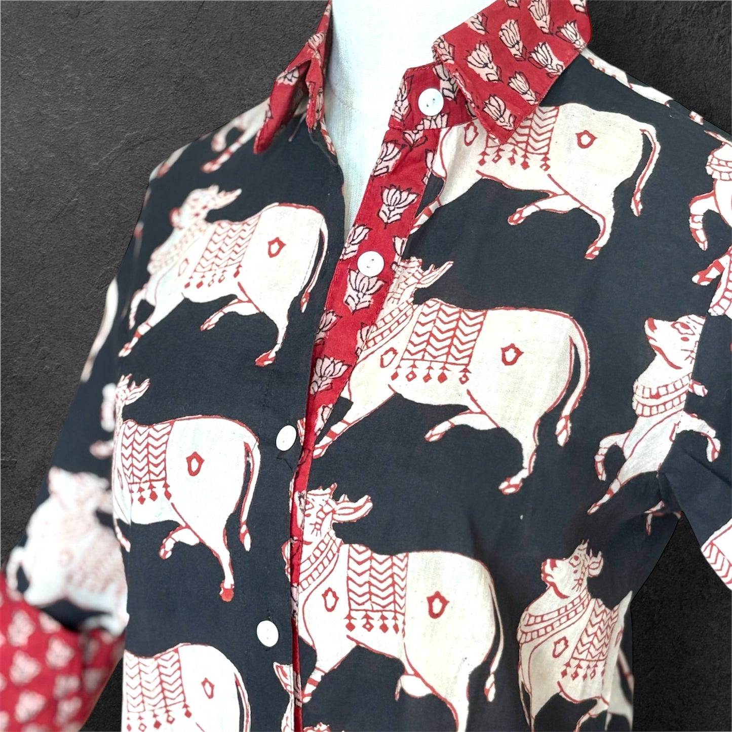 Block Print Cotton Shirt Dress Black Ox
