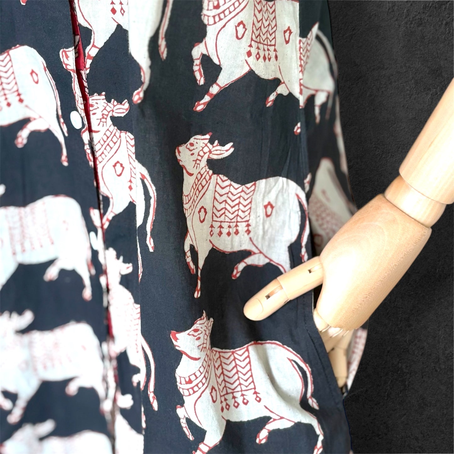Block Print Cotton Shirt Dress Black Ox