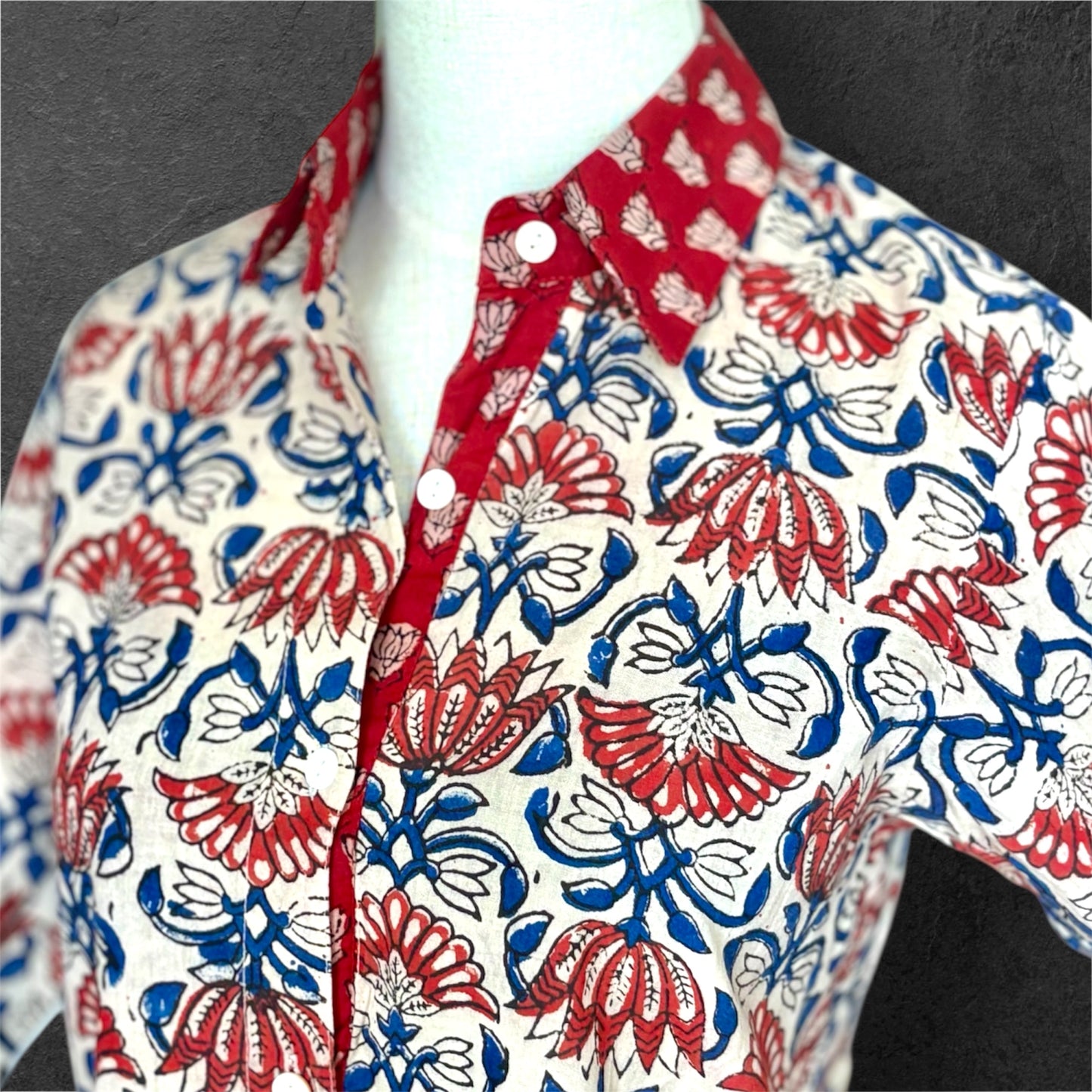 Block Print Cotton Shirt Dress Red Blue Flowers