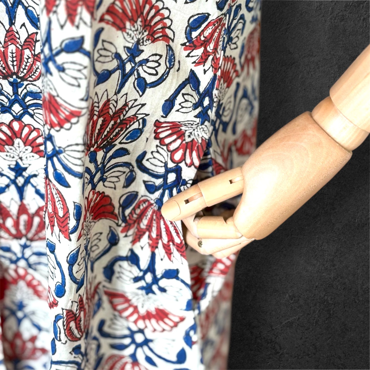 Block Print Cotton Shirt Dress Red Blue Flowers