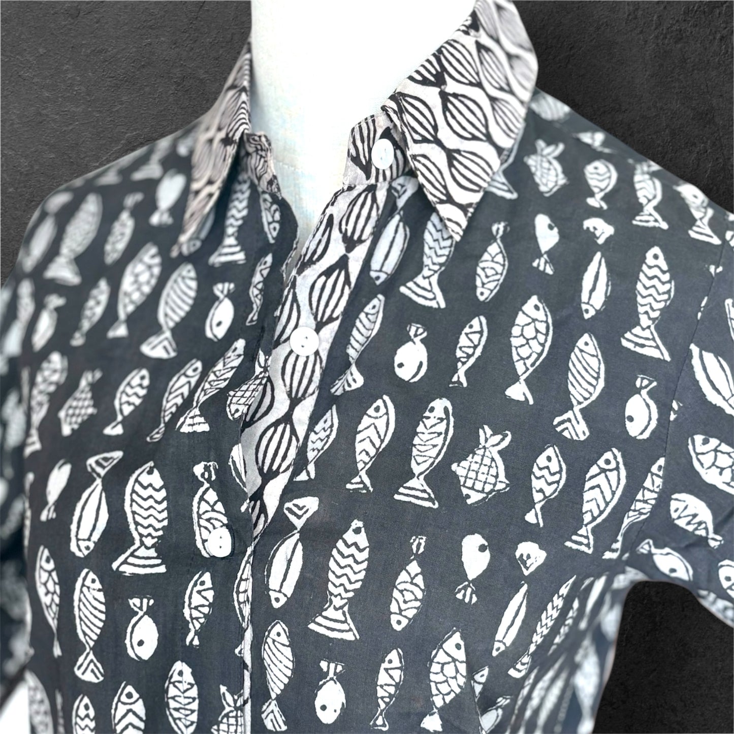 Block Print Cotton Shirt Dress Black Fishies