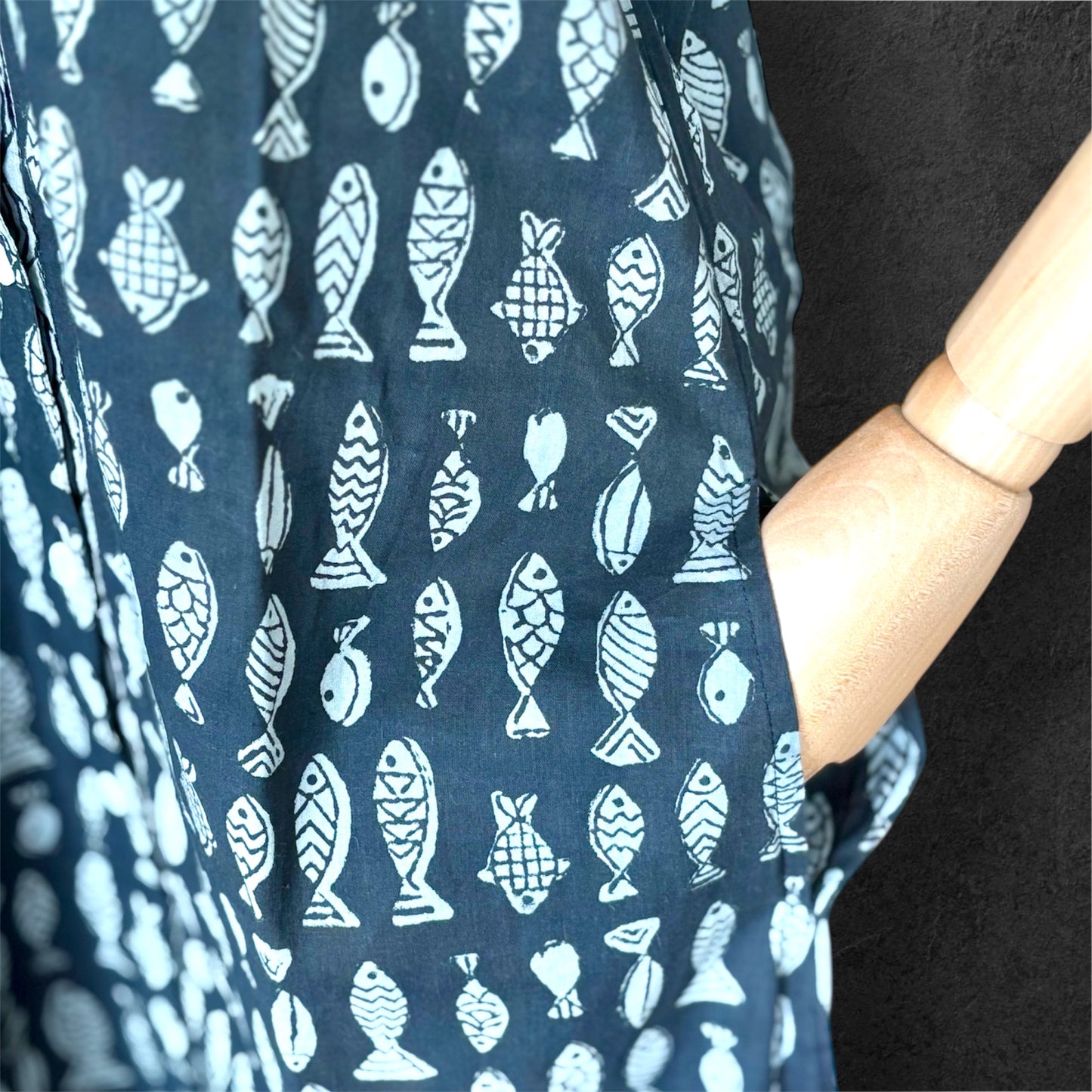 Block Print Cotton Shirt Dress Black Fishies