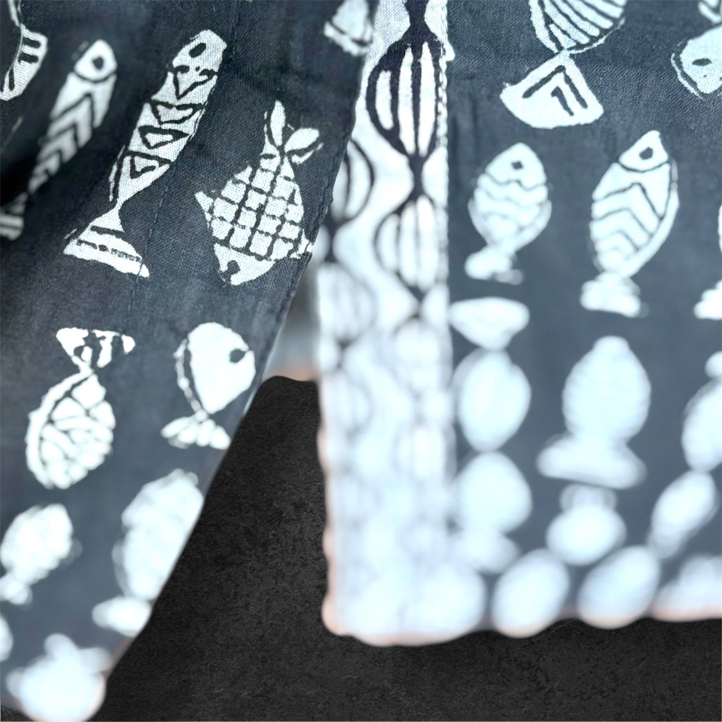 Block Print Cotton Shirt Dress Black Fishies