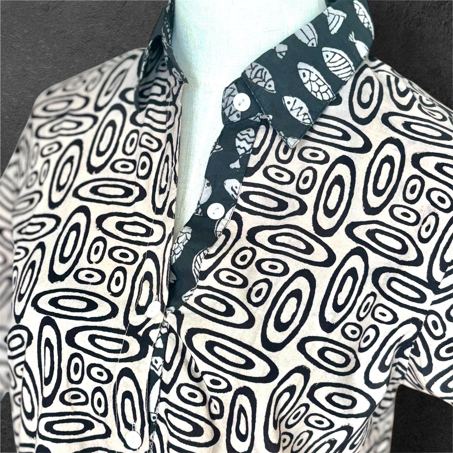 Block Print Cotton Shirt Dress Beige Rounds