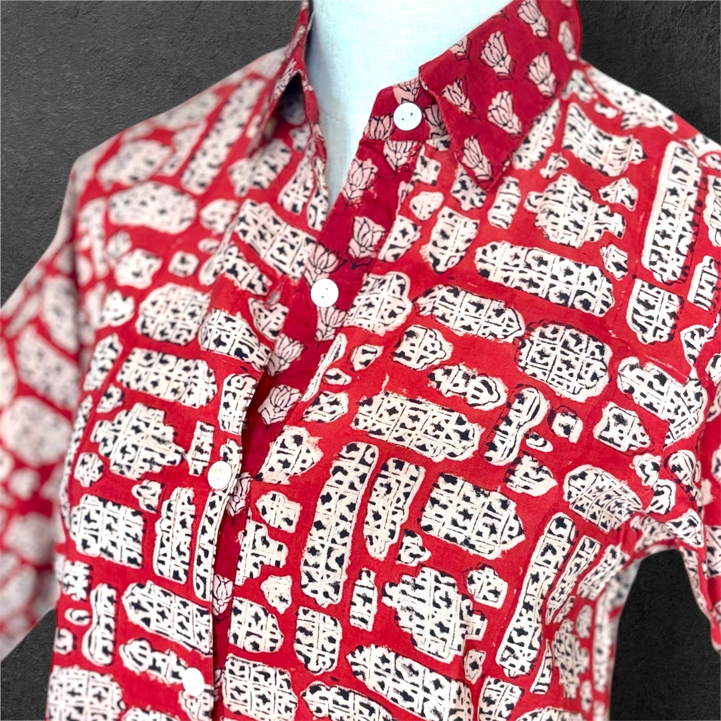 Block Print Cotton Shirt Dress RED CNY
