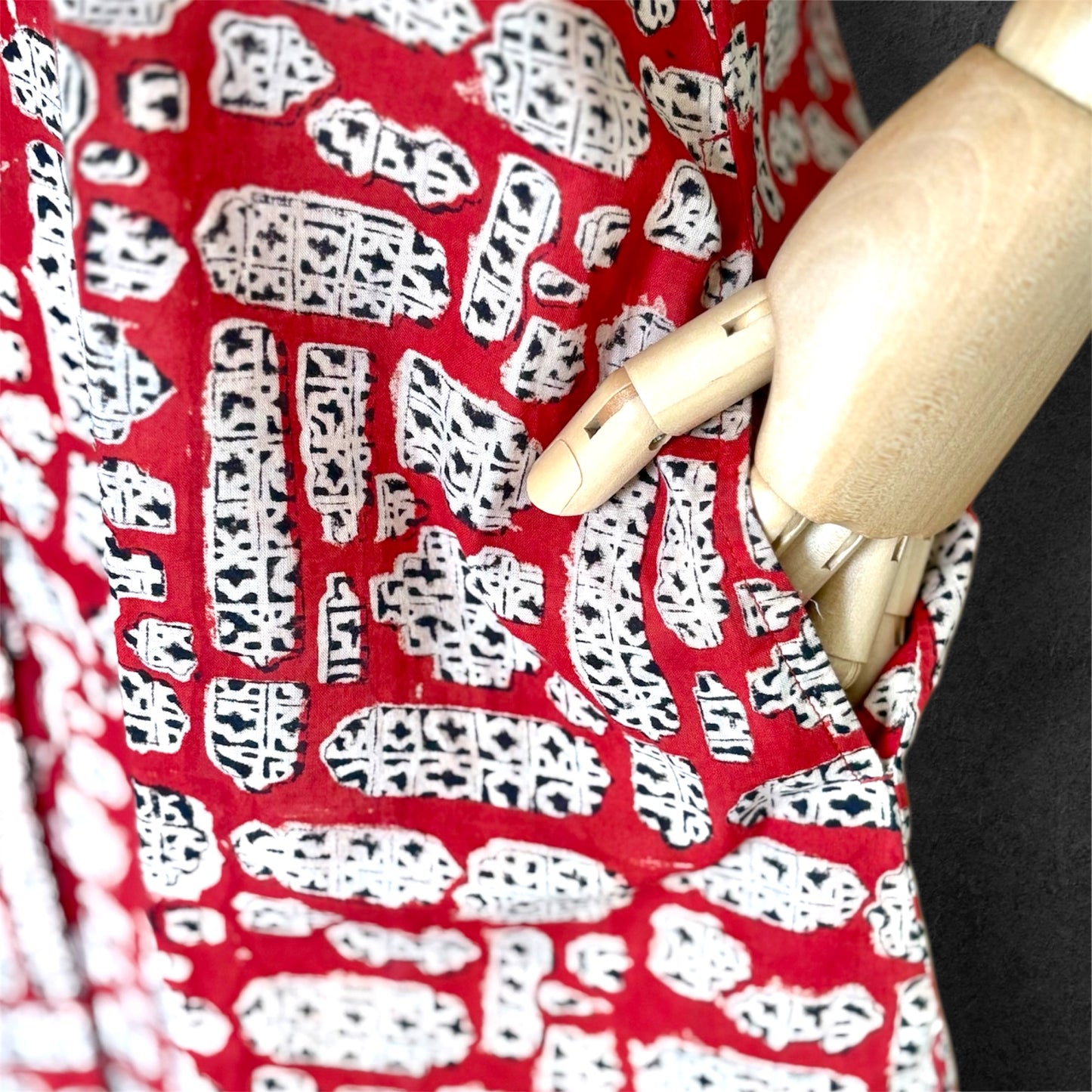 Block Print Cotton Shirt Dress RED CNY