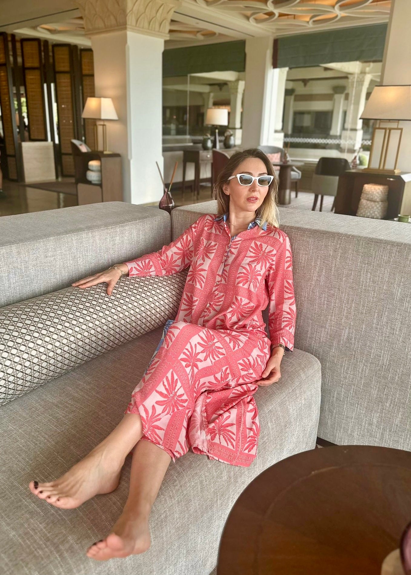 Amalfi Cotton Shirt Dress Maxi Pink Red Palm Tree – Nature Me