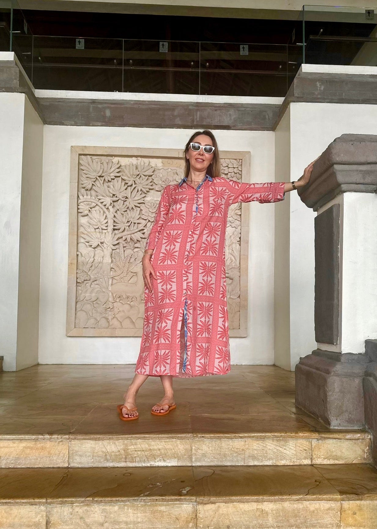 Amalfi Cotton Shirt Dress Maxi Pink Red Palm Tree Nature Me Amalfi Cotton Shirt Dress Maxi Pink Red Palm Tree Nature Me