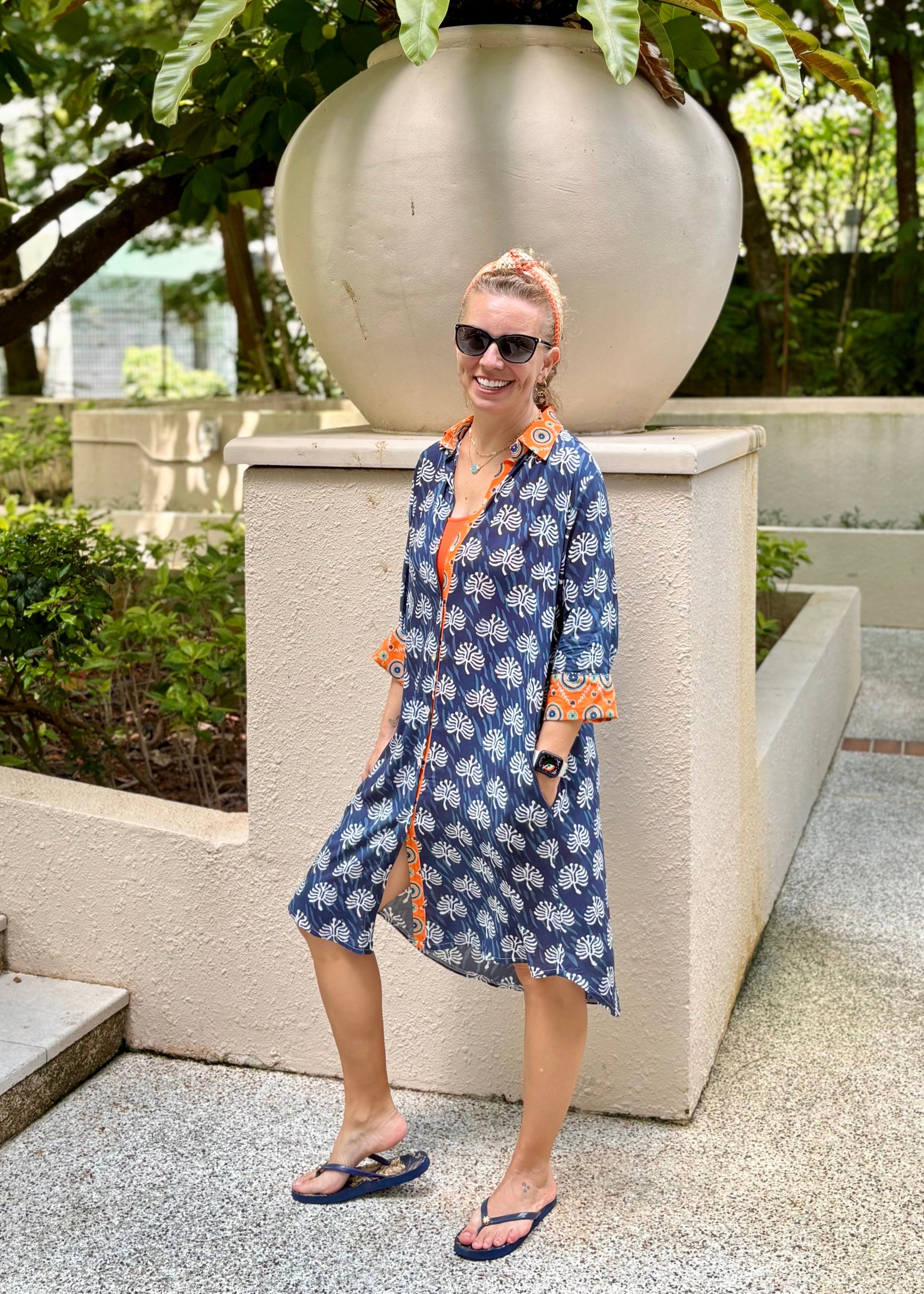 Amalfi Cotton Shirt Dress Navy Orange – Nature Me