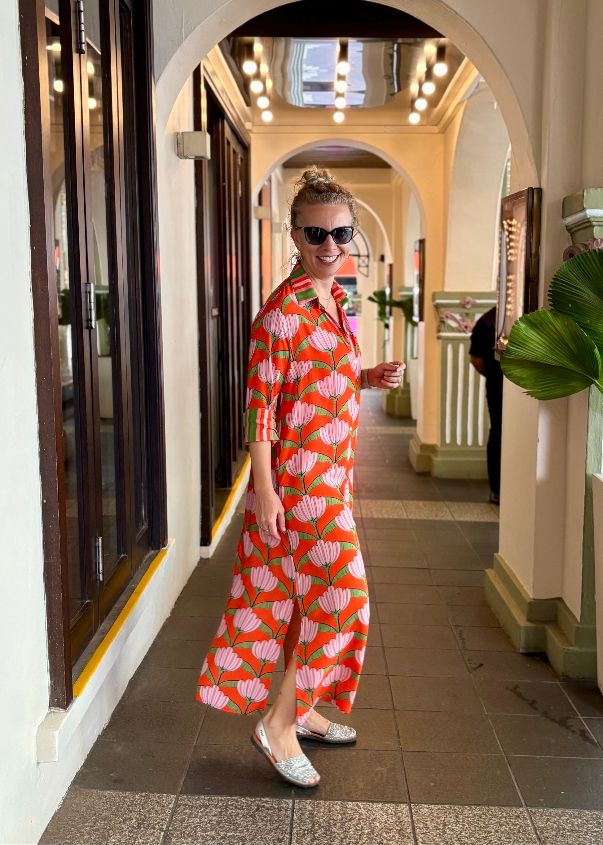 Amalfi Cotton Shirt Dress Maxi Red Green Lotus Nature Me Amalfi Cotton Shirt Dress Maxi Red Green Lotus Nature Me