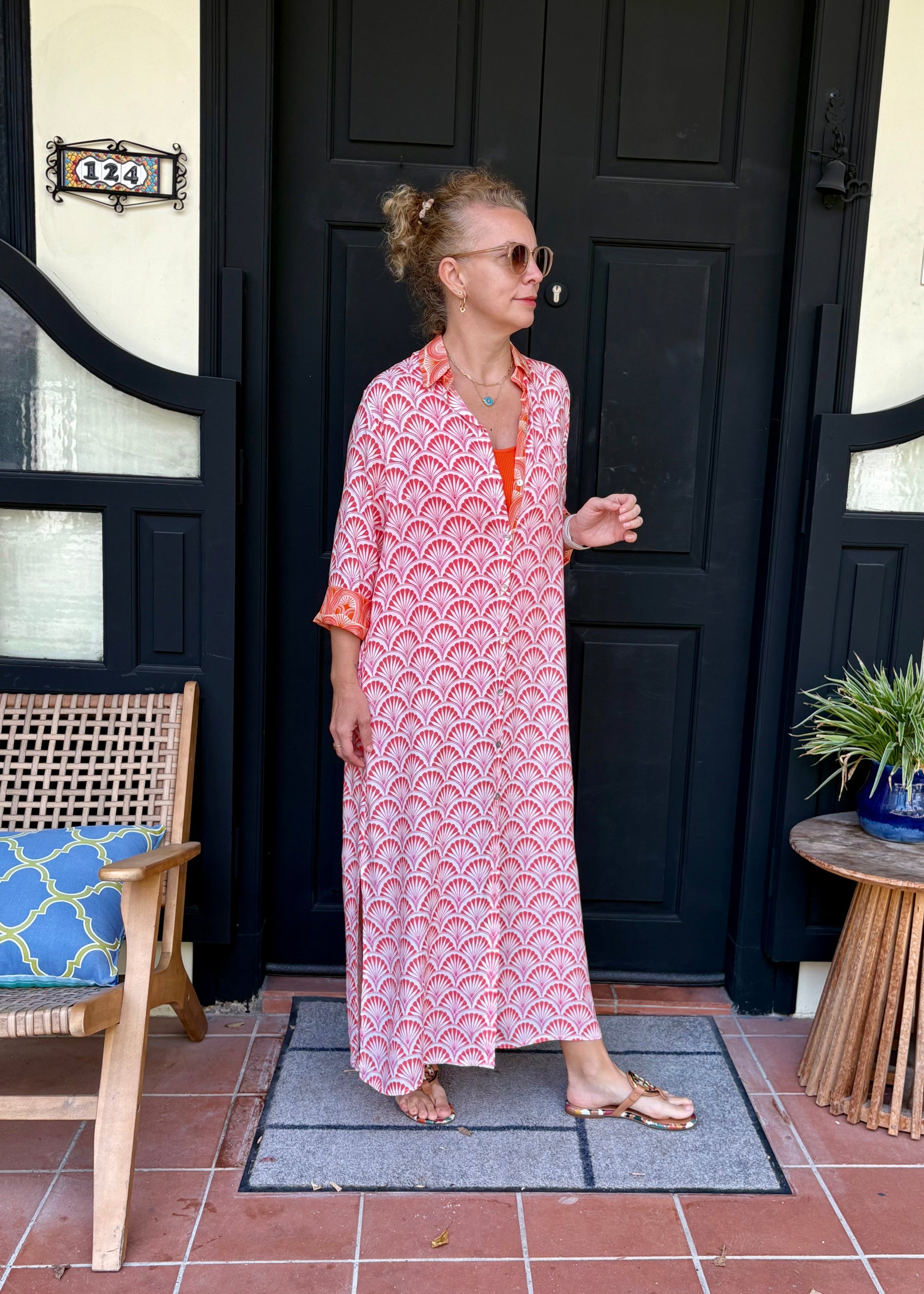 Amalfi Cotton Shirt Dress Maxi Pink Orange Cornation – Nature Me