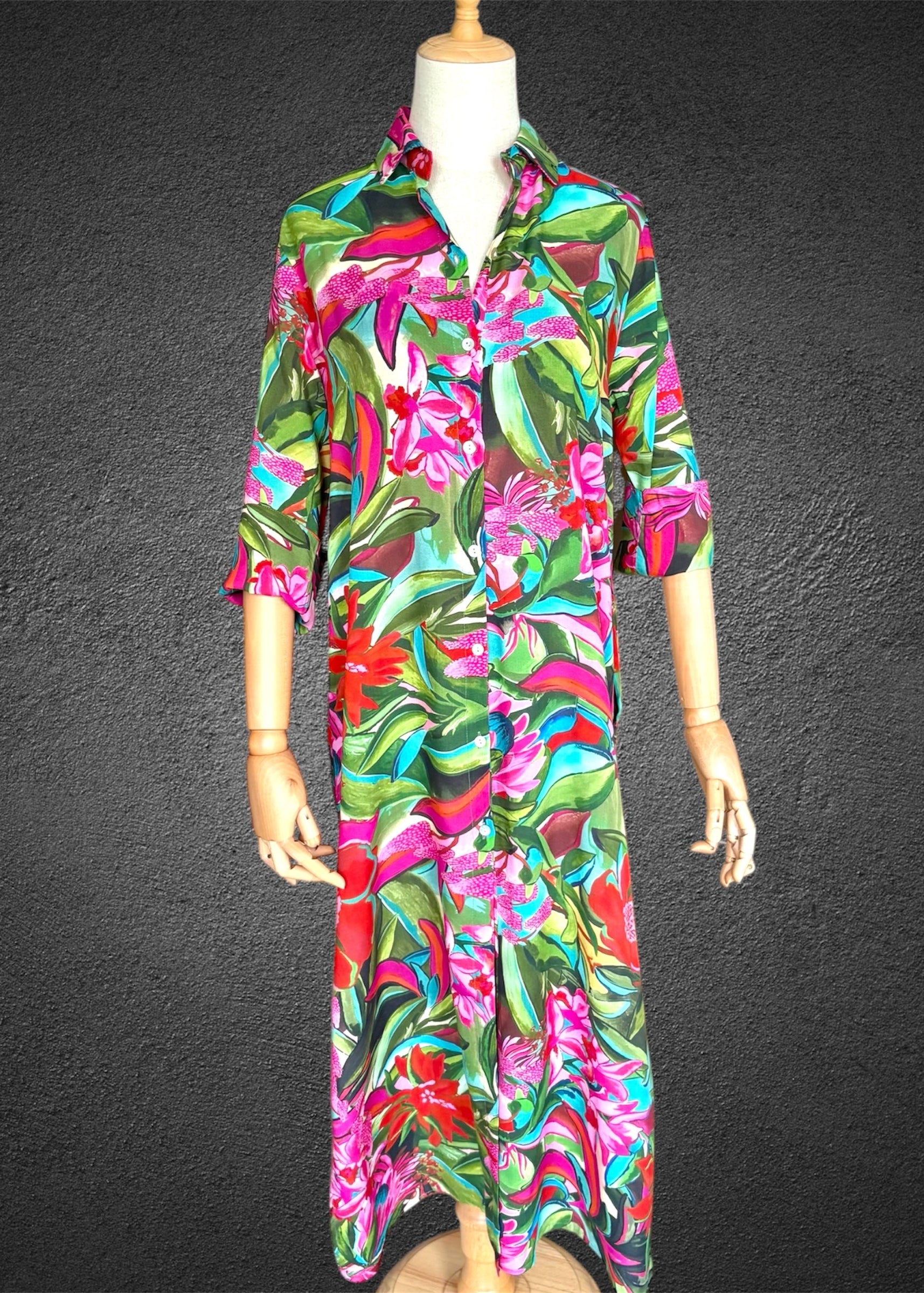 Amalfi Cotton Shirt Dress Maxi Pink Green Floral Nature Me Amalfi Cotton Shirt Dress Maxi Pink Green Floral Nature Me