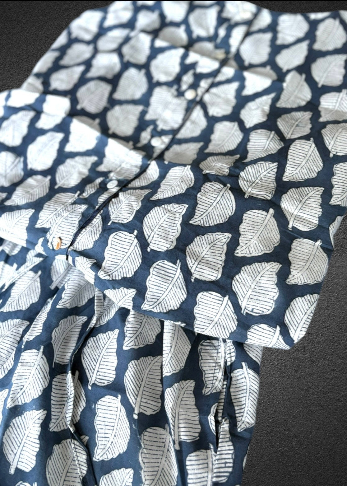 Cotton Block print Pj set Short Frilled ; Navy Leaf