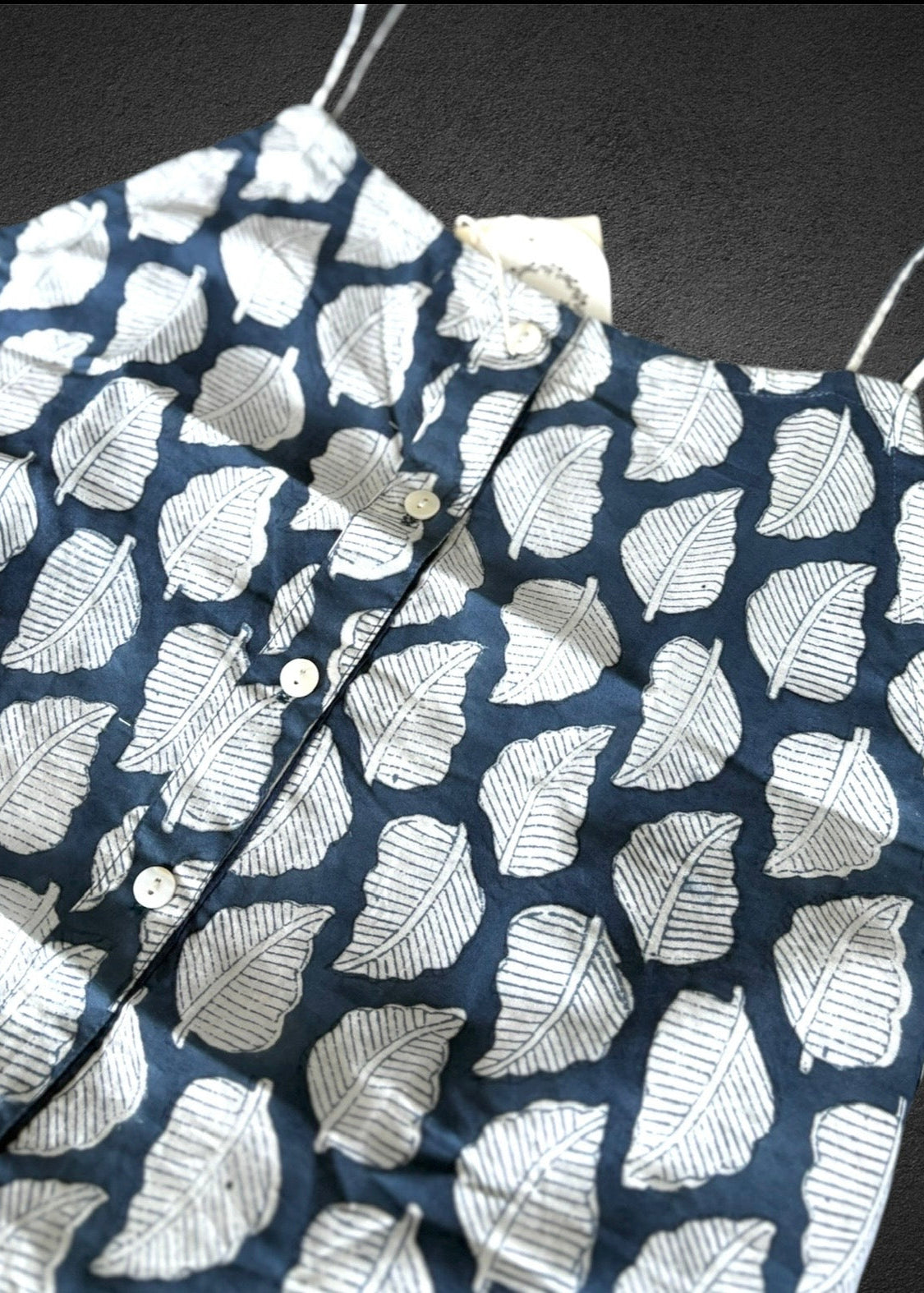 Cotton Block print Pj set Short Frilled ; Navy Leaf