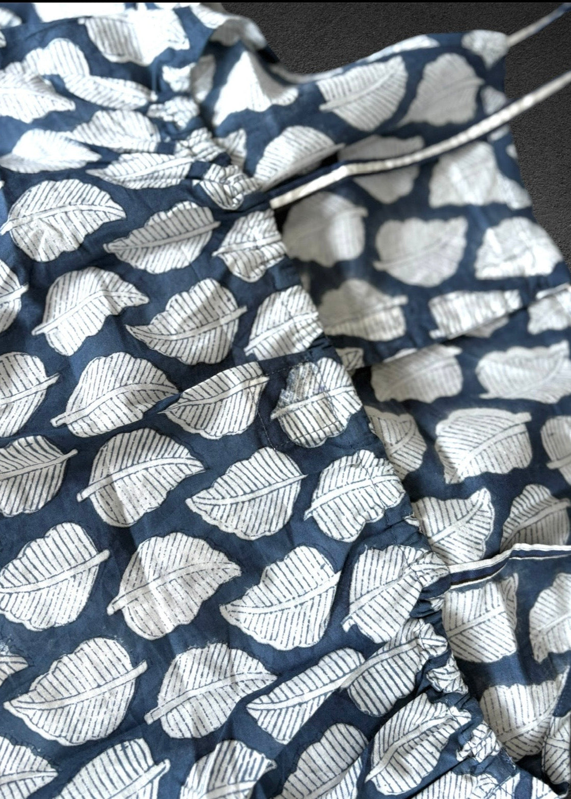 Cotton Block print Pj set Short Frilled ; Navy Leaf
