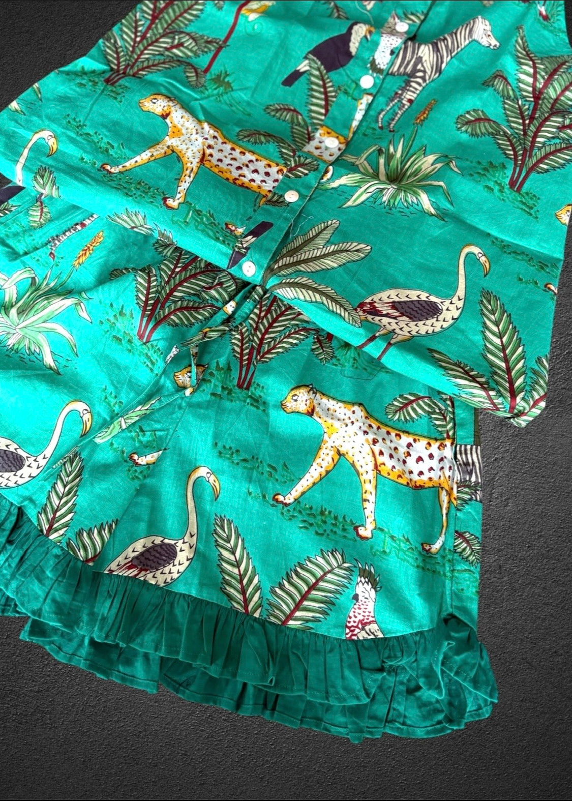 Cotton Block print Pj set Short Frilled ; Green Jungle