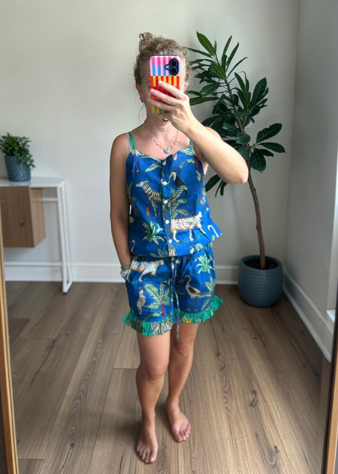 Cotton Block print Pj set Short Frilled ; Blue Jungle