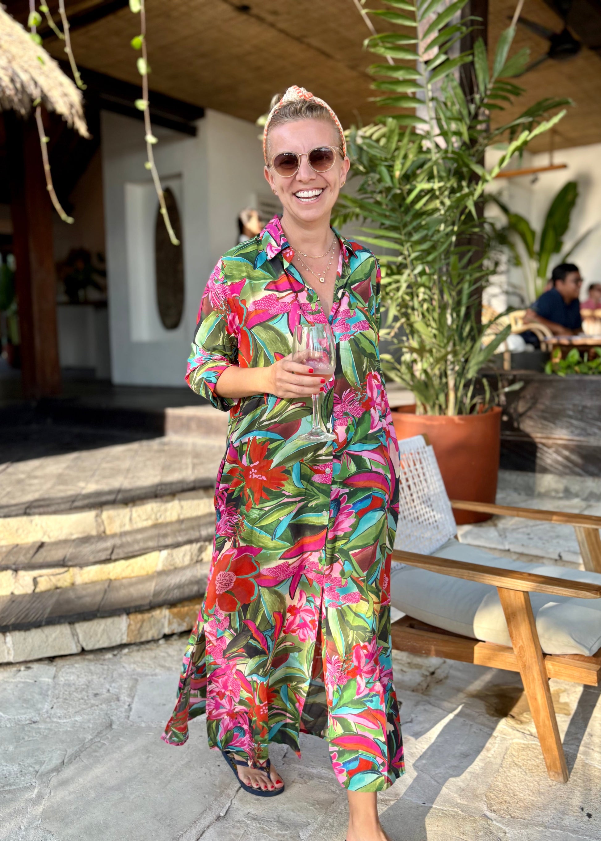 Amalfi Cotton Shirt Dress Maxi Pink Green Floral Nature Me Amalfi Cotton Shirt Dress Maxi Pink Green Floral Nature Me