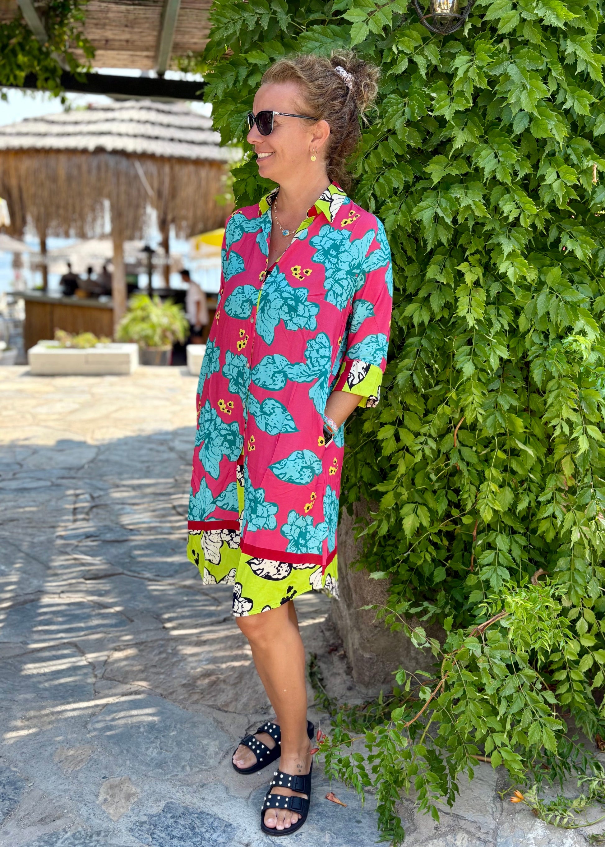 Amalfi Cotton Shirt Dress Pink Turquoise Nature Me Amalfi Cotton Shirt Dress Pink Turquoise Nature Me