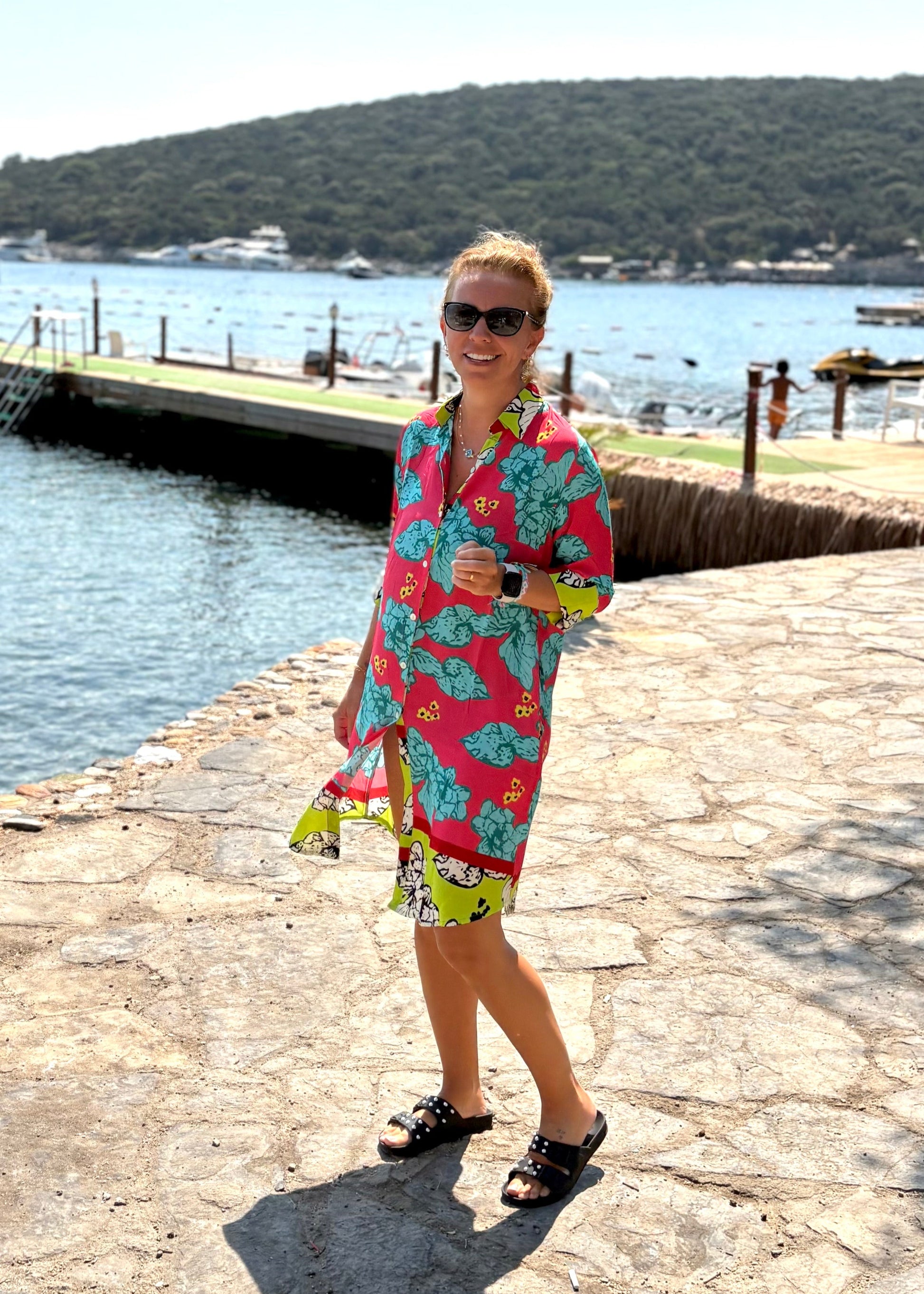 Amalfi Cotton Shirt Dress Pink Turquoise Nature Me Amalfi Cotton Shirt Dress Pink Turquoise Nature Me