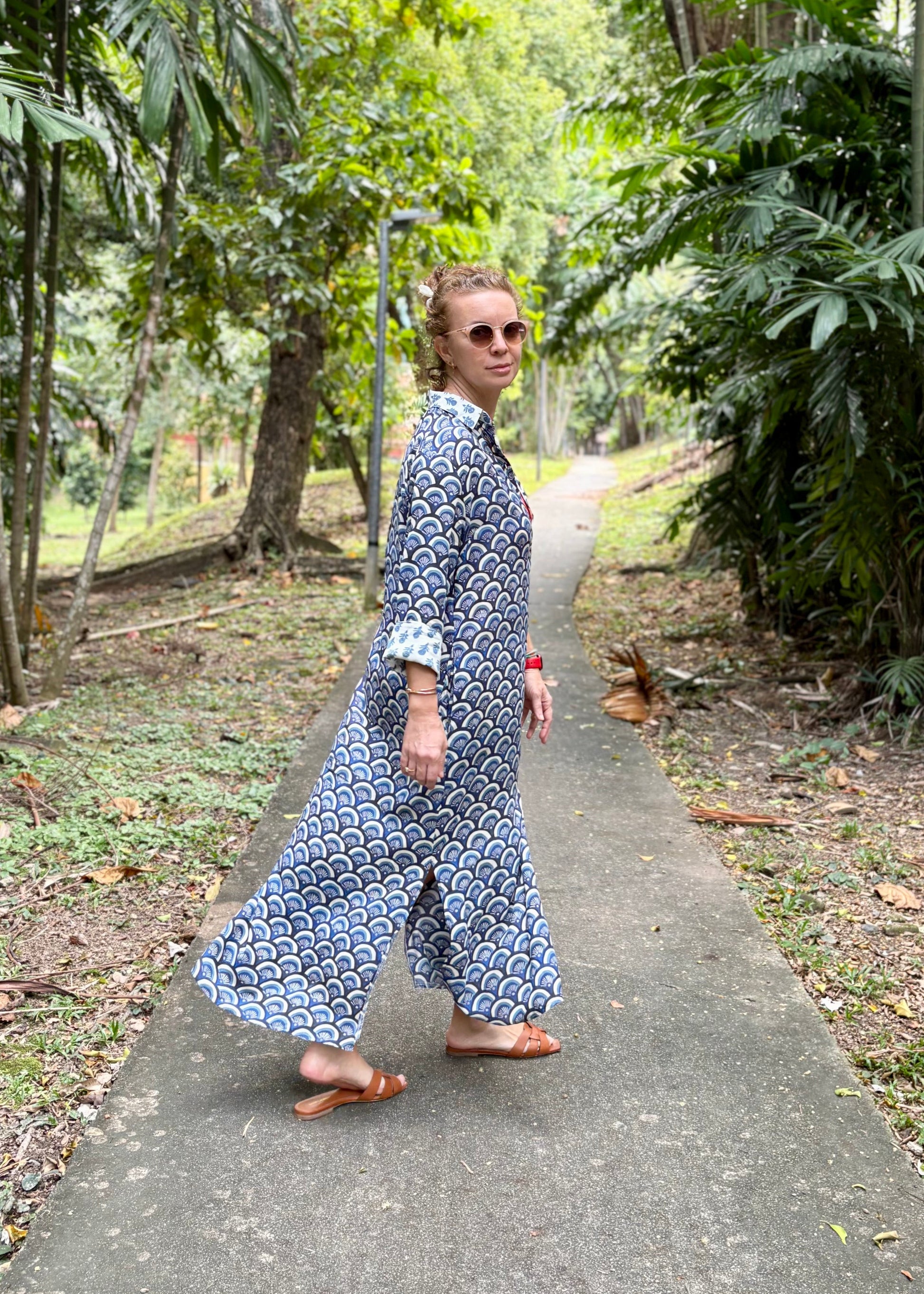 Amalfi Cotton Shirt Dress Maxi Blue Waves Nature Me Amalfi Cotton Shirt Dress Maxi Blue Waves Nature Me