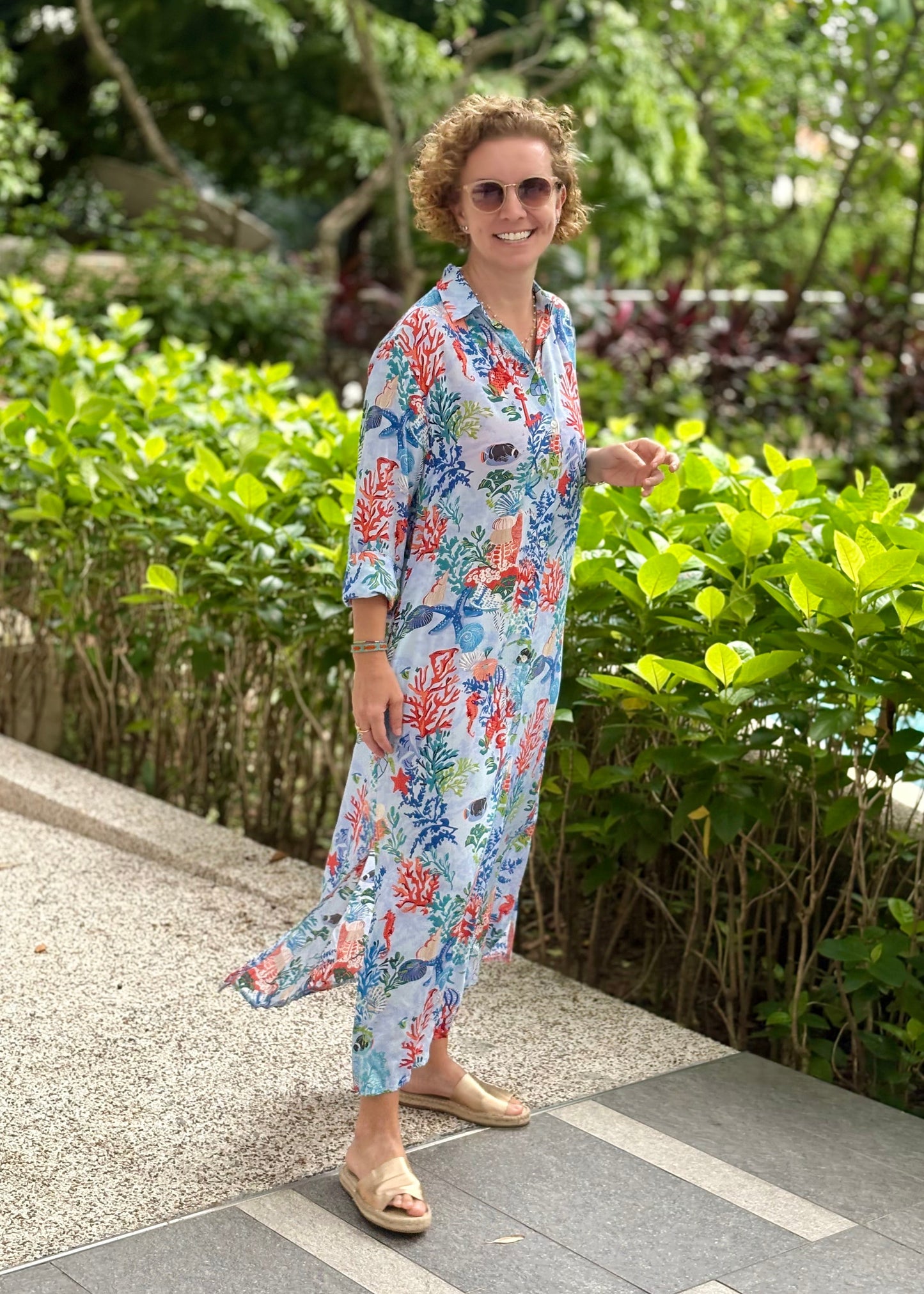 Amalfi Cotton Shirt Dress Maxi Ocean Life