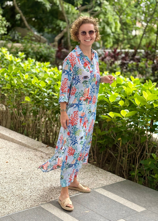 Amalfi Cotton Shirt Dress Maxi Ocean Life