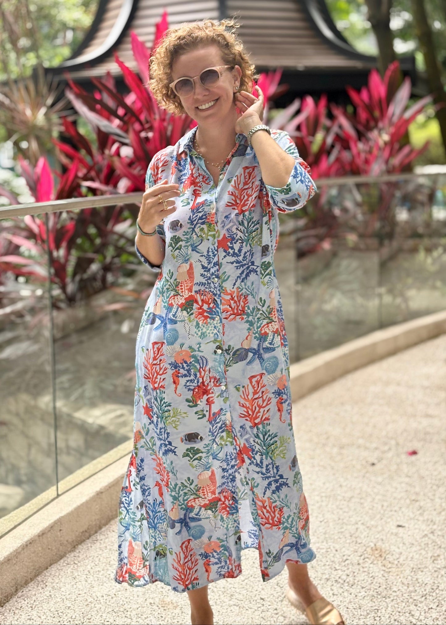Amalfi Cotton Shirt Dress Maxi Ocean Life
