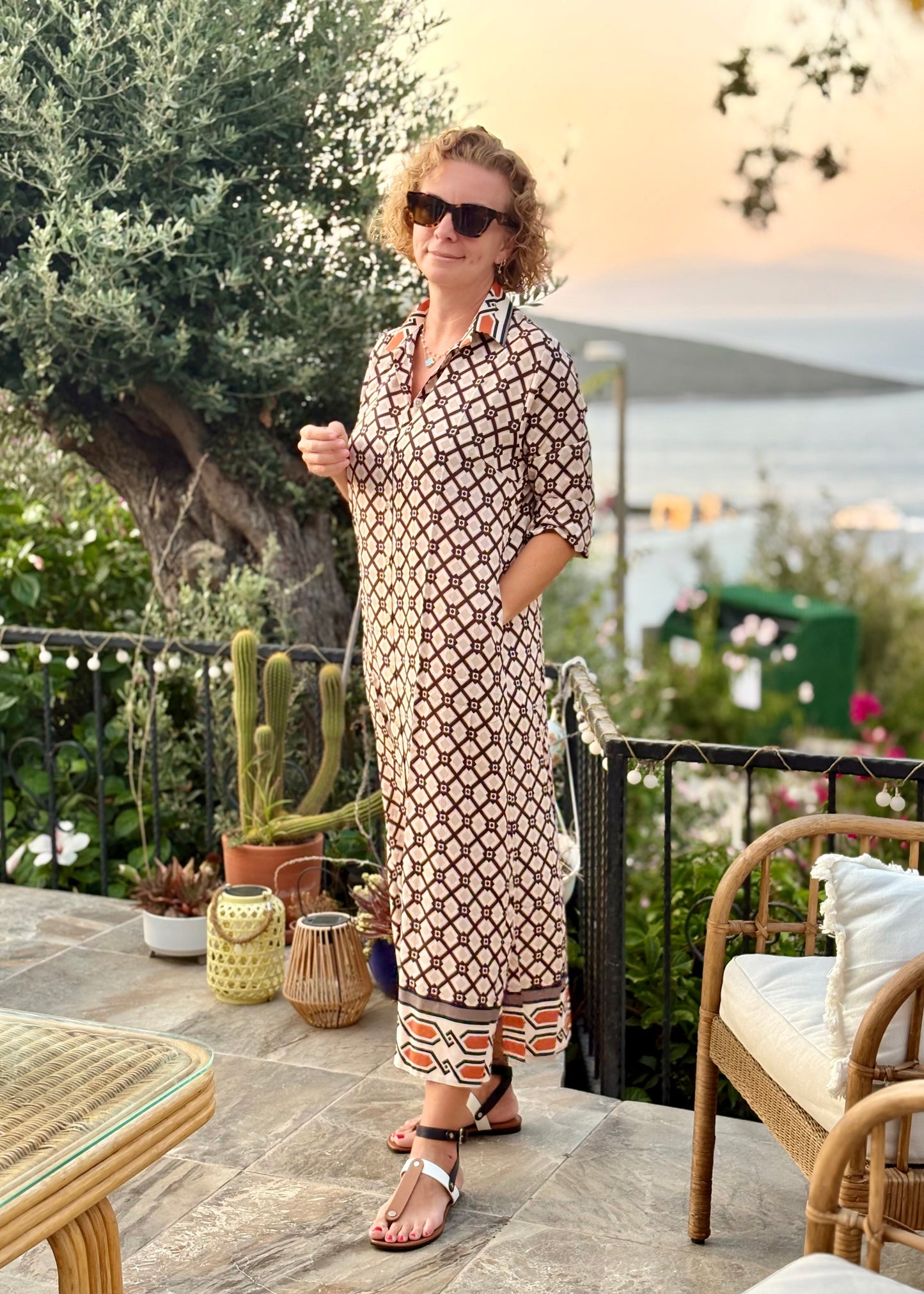 Amalfi Cotton Shirt Dress Maxi Tiles Black ;maxi dress; cotton maxi dress; cotton silk; everyday dress; beach dress; holiday dress; resort dress; dress; comfortable dress; comfiy dress; bohem dress;