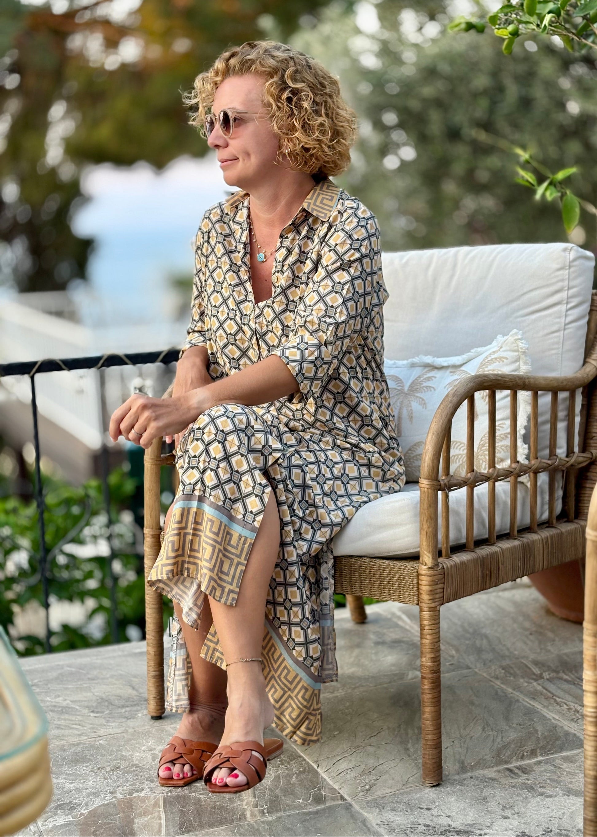 Amalfi Cotton Shirt Dress Maxi Tiles Sand ; maxi dress; cotton maxi dress; cotton silk; everyday dress; beach dress; holiday dress; resort dress; dress; comfortable dress; comfiy dress; bohem dress;