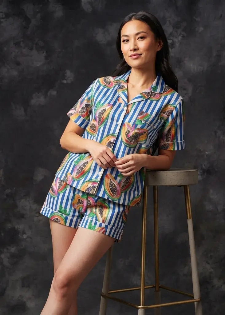 block print pyjama set; short sleeve pyjama set; volorful pyjama set; cotton pyjama set; stripy pyjama set; fun pyjama ; natural pyjama ; breastfeeding pyjama ; natural pyjama set 