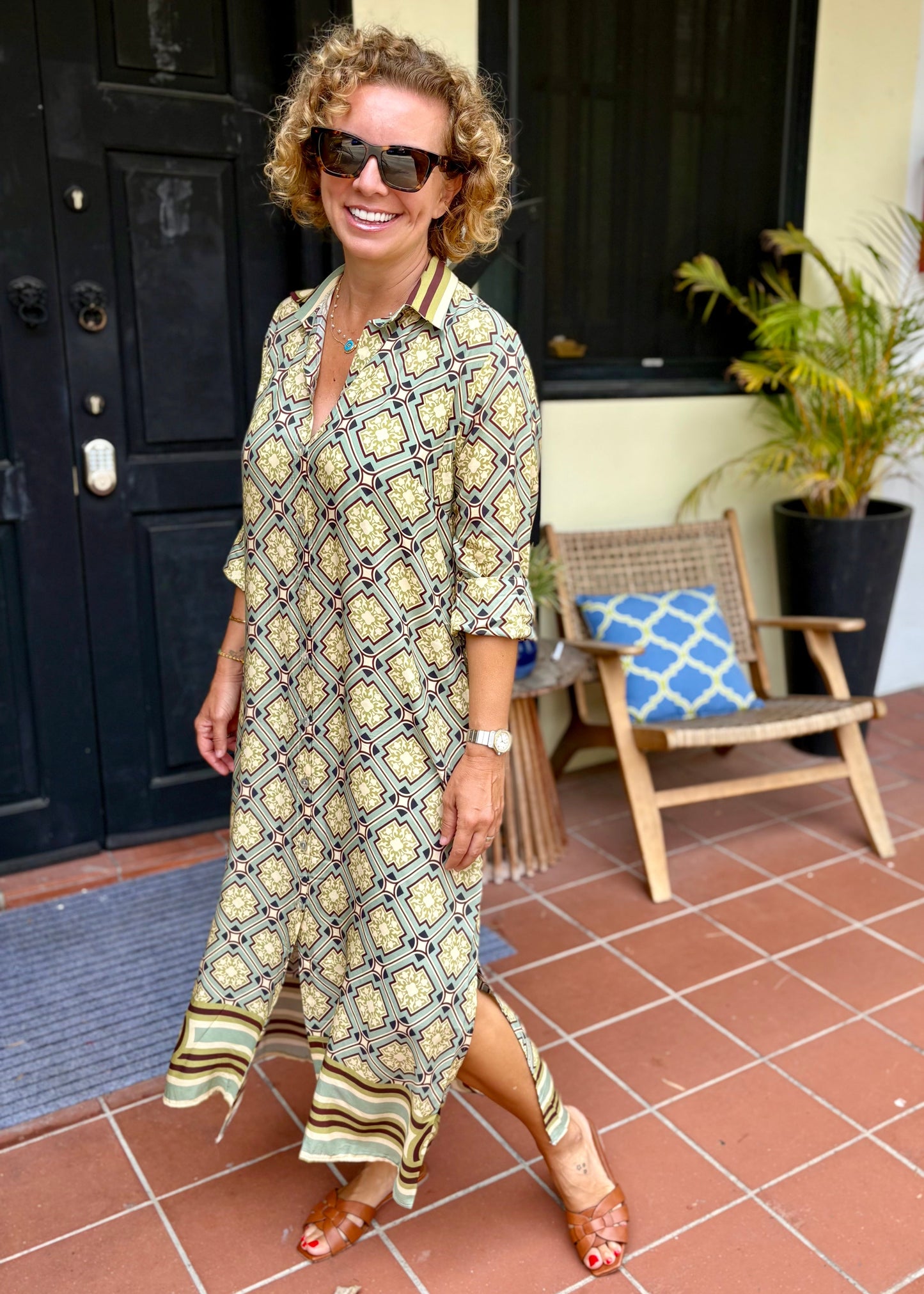 malfi Cotton Shirt Dress Maxi Tiles Green;maxi dress; cotton maxi dress; cotton silk; everyday dress; beach dress; holiday dress; resort dress; dress; comfortable dress; comfiy dress; bohem dress;