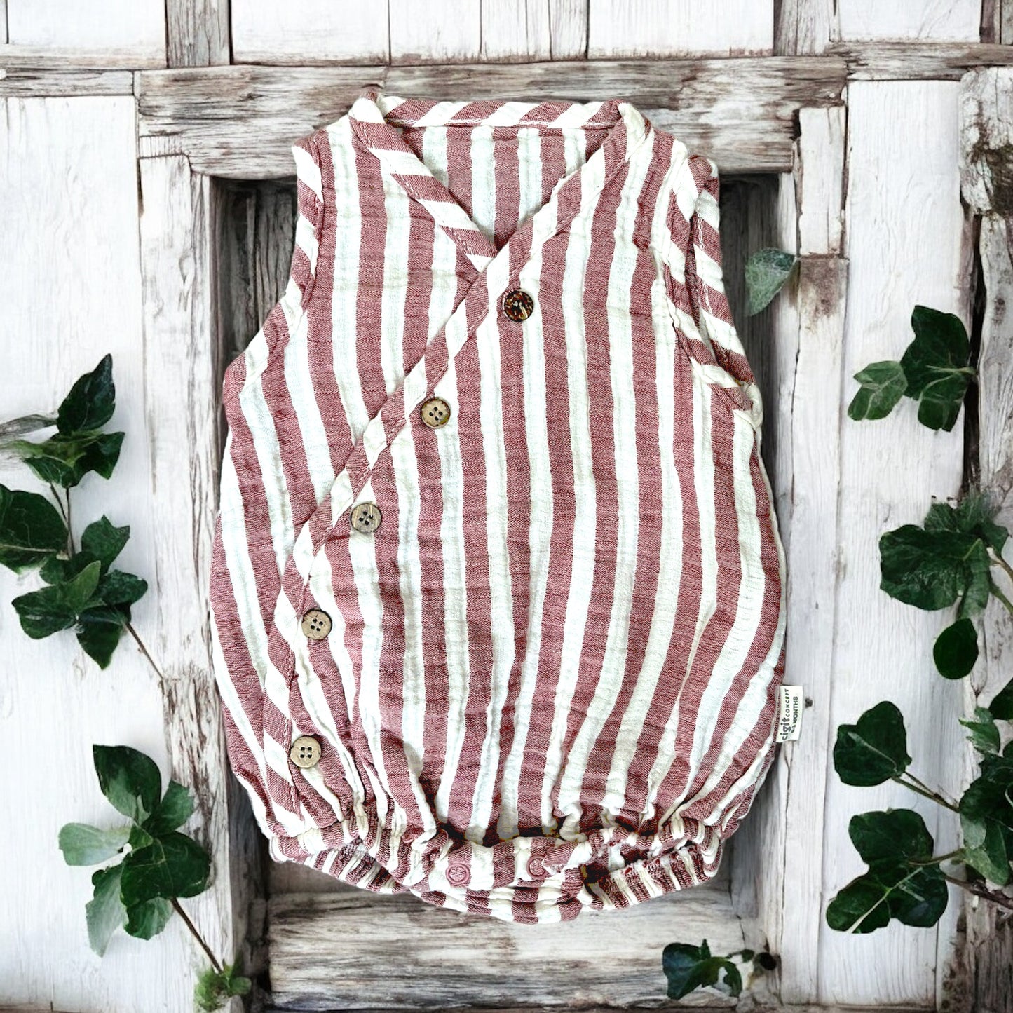 Organic Muslin Baby Romper Brick Stripy