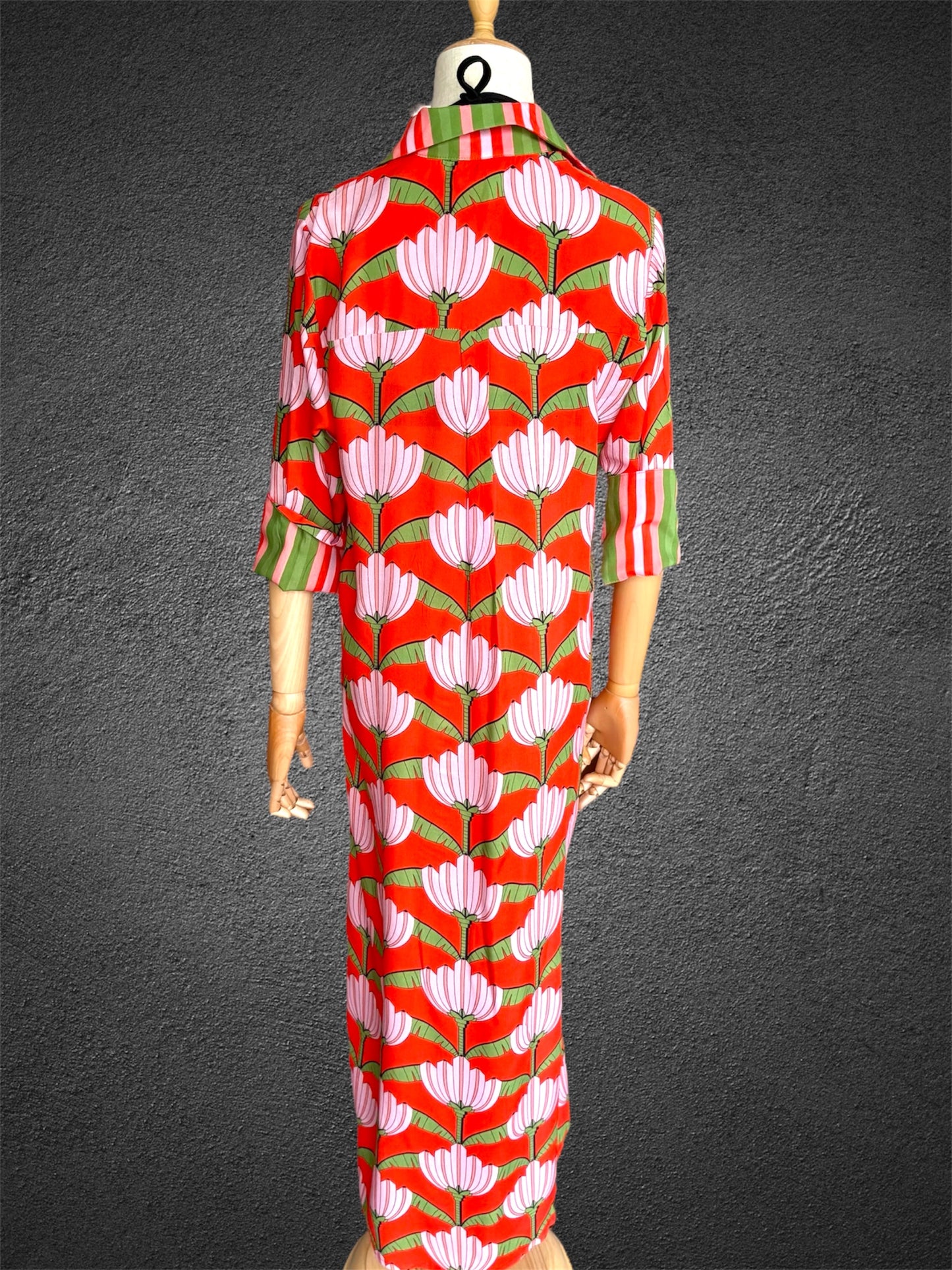 *Amalfi Cotton Shirt Dress Maxi Red Green Lotus