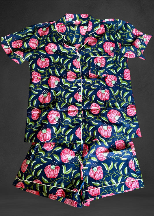 Cotton Block print Pyjamas Short  ; Navy Pink Floral