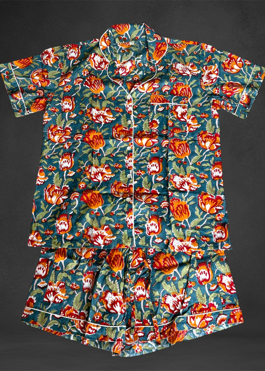 Cotton Block print Pyjamas Short  ; Blue Orange Floral