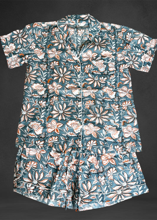 Cotton Block print Pyjamas Short  ; Grey Orange Floral