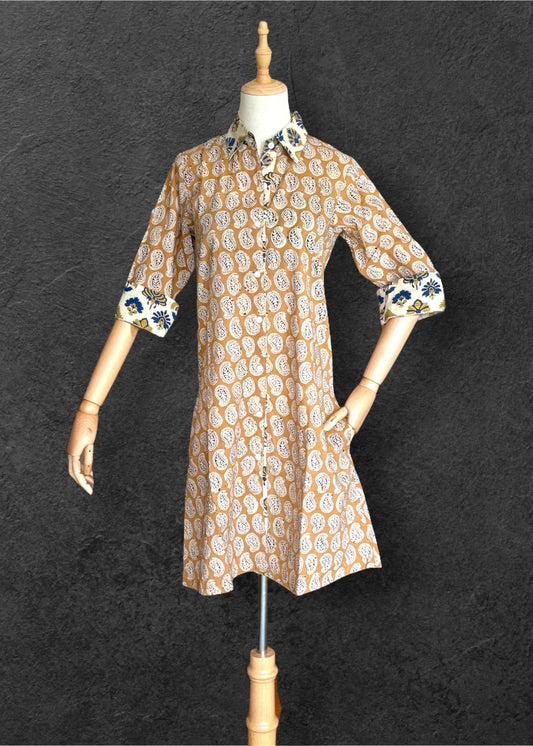 Block Print Cotton Shirt Dress Golden drops